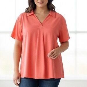 Chicos Coral Orange Pleated V Neck Short Sleeve Collared Shirt Top Size 1 M